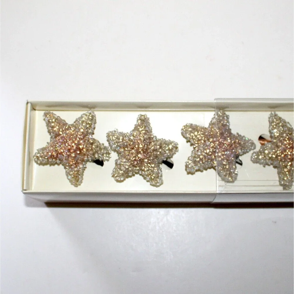 Pier1 4 Napkin Ring Set Gold Stars beaded NEW coastal table decor boho